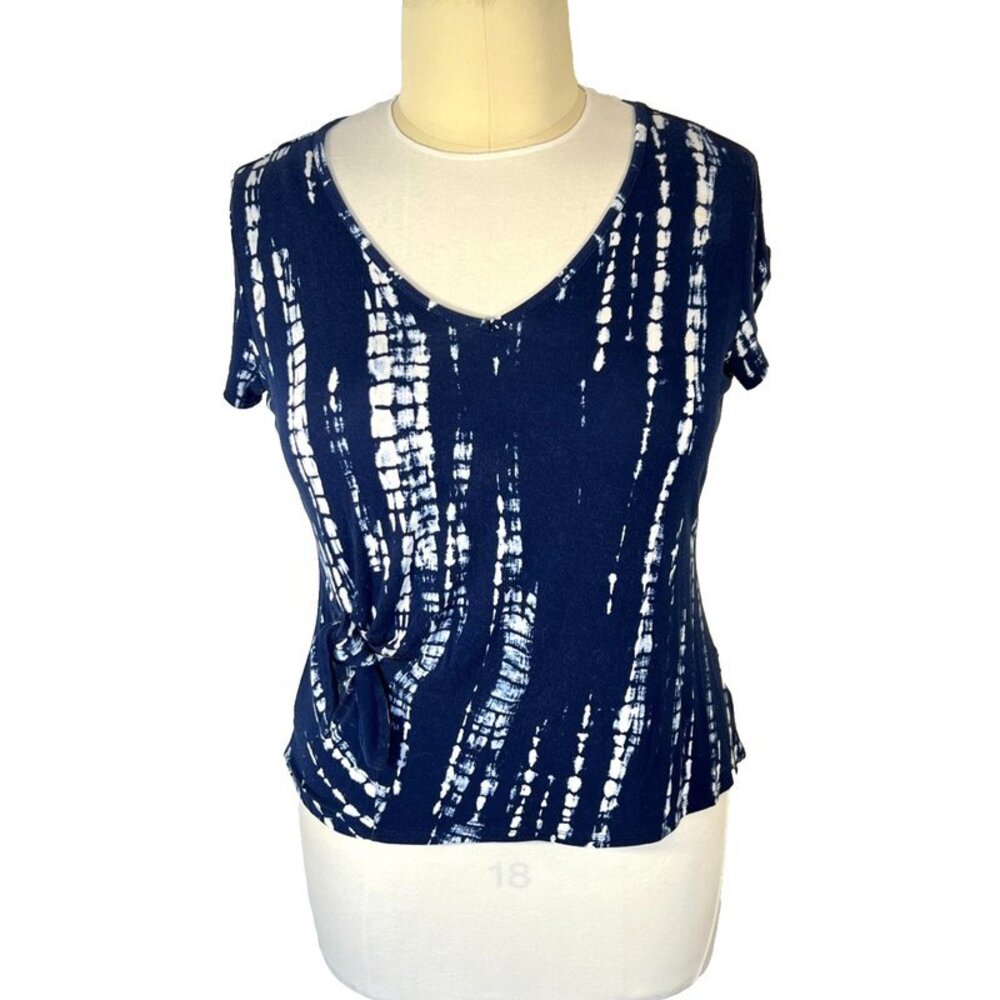 Liz Claiborne - Women's L Blouse Cap Sleeve Blue White Shibori Tie Dye Stretch